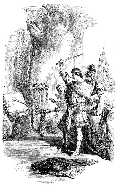 Darstellung von Alexander dem Großen, der den Gordischen Knoten durchschneidet.