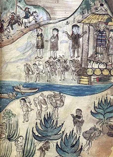 Ankunft der Spanier in Michoacán in Relación de Michoacán