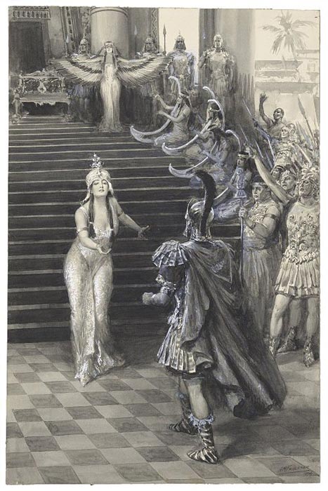 Eine 1906 von A. M. Faulkner angefertigte Zeichnung von Kleopatra, die Mark Anton in Shakespeares Antonius und Kleopatra begrüßt, aus der Sammlung der Folger Shakespeare Library.