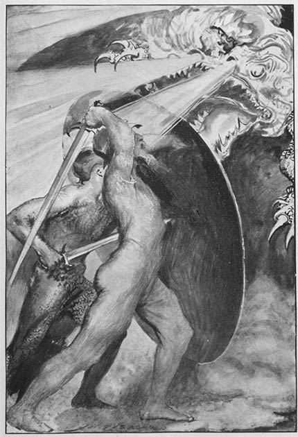 Beowulf, der hier den Drachen erschlägt, ist sowohl eine Figur als auch ein langes altes englisches Gedicht (975-1025 n. Chr.). Und in dem Buch Wieland der Schmied wird er auch erwähnt.