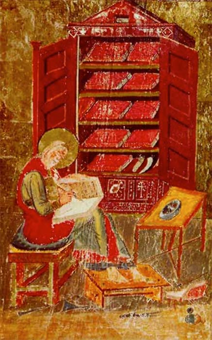 Im frühen Mittelalter: Bücherregal mit etwa zehn Codices im Codex Amiatinus