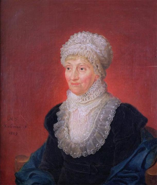 Caroline Herschel im Alter von 78 Jahren, ein Jahr nach dem Gewinn der Goldmedaille der Königlichen Astronomischen Gesellschaft im Jahr 1828.