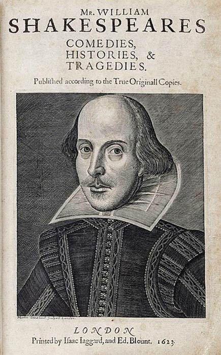 Cover des Shakespeare-Folios mit einem Porträt von William Shakespeare, eingraviert von Martin Droeshout. 