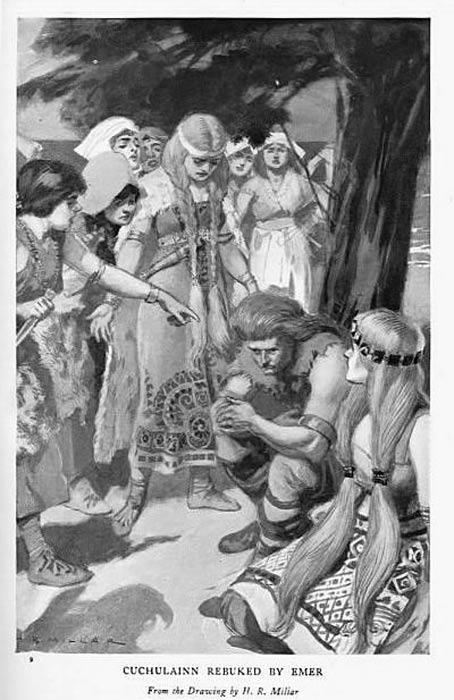 „Cúchulainn rebuked by Emer“, Illustration von H. R. Millar aus Charles Squire, Celtic Myths and Legends, 1905.