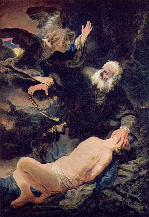 Rembrandts Darstellung von Abraham, der seinen Sohn Isaak auf Befehl von Mastema, dem Widersacher des jüdischen Gottes Jahwe, töten will