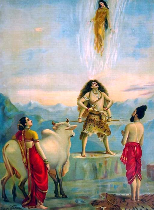 Der Abstieg von Ganga, gestützt von Shivas Haar. Bhagirath steht zur Rechten