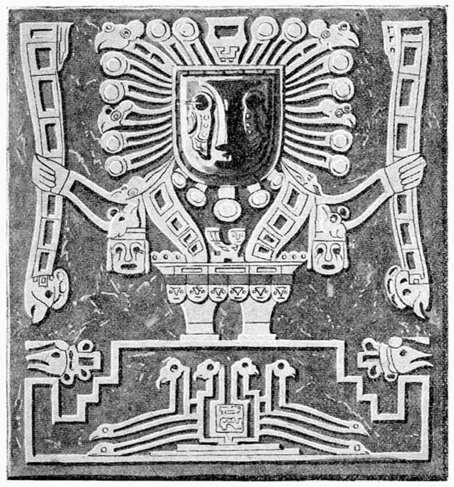 Detail des so genannten Sonnengottes auf dem monolithischen Tiahuanaco-Sonnentor in Bolivien