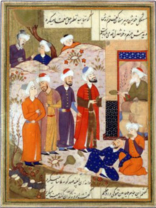 Der altpersische Dichter Hafez betrachtet den Kelch von Jamshid. Türkisches Manuskript von 1477, Autor unbekannt, aus Shîrâz, Iran. 