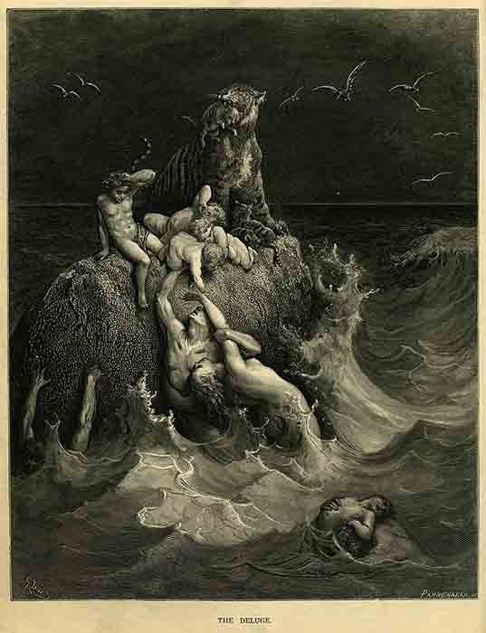 Die Zeichnung „Die Sintflut“ wurde als Titelbild für Gustave Dorés illustrierte Ausgabe der Bibel verwendet. Basierend auf der Geschichte von der Arche Noah zeigt die Zeichnung Menschen und einen durch die Flut verdammten Tiger, die vergeblich versuchen, ihre Kinder und Jungen zu retten.