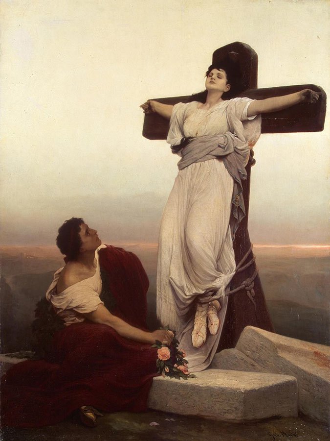 Das Gemälde Martyress von Gabriel von Max aus dem Jahr 1866 zeigt eine gekreuzigte junge Frau und einen jungen Mann, der Blumen zu ihren Füßen niederlegt.