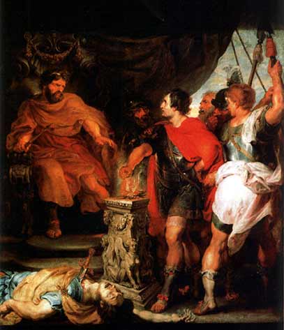 Lars Porsena beobachtet, wie Gaius Mucius Scaevola seine Hand ins Feuer legt, was Porsena zu einem Friedensschluss mit Rom verleitet.