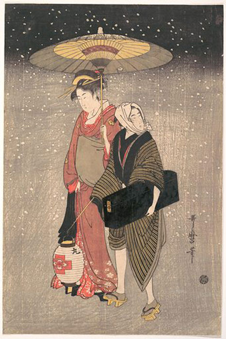 Geisha, die nachts durch den Schnee geht. Circa 1797