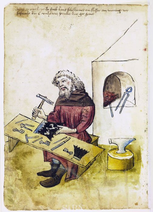 Gemälde eines mittelalterlichen Schlossers aus dem Jahre 1451 n. Chr. von einem unbekannten Künstler. 