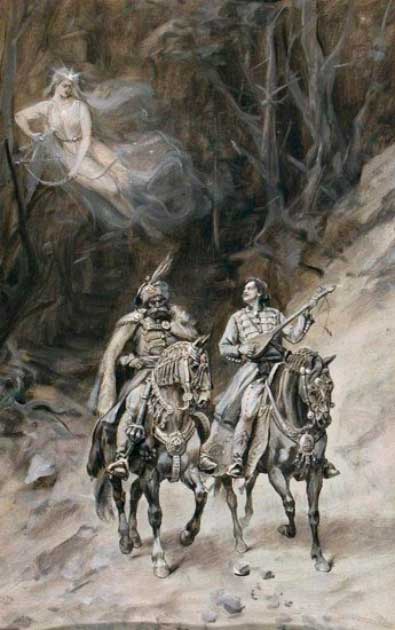 Die Helden eines serbischen Epos und die Wila Ravijojla aus der serbischen Mythologie in einem Gemälde von Paja Jovanović, inspiriert von dem Epos „Marko Kraljević und die Villa“.