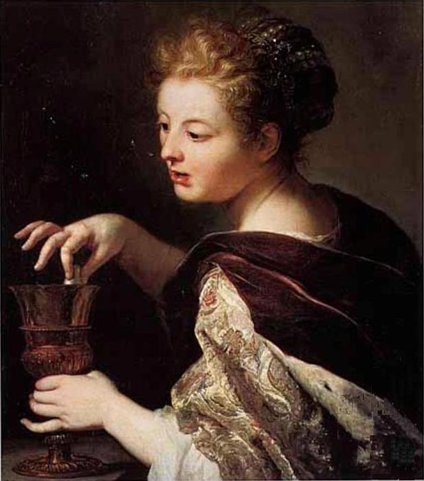 Auf diesem Gemälde des flämischen Malers Anthoni Schoonjans (1655-1726) ist Kleopatra gerade dabei, ihre Perle im Rahmen ihrer Luxuswette mit Antonius in den Kelch mit Essig zu werfen.
