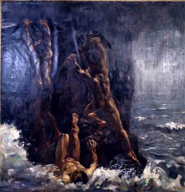 Das Gemälde „Die Sintflut“ von Lesser-Ury (1861-1931) stellt das „Grauen“ dar, wie die Sintflut der Bibel ausgesehen haben könnte.