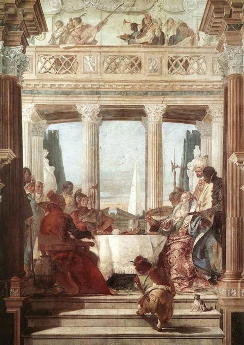 Auf diesem Gemälde, Das Bankett der Kleopatra, ebenfalls von Giovanni Battista Tiepolo (1696-1770), hält Kleopatra die Perle in ihrer ausgestreckten Hand, während sie wahrscheinlich Mark Anton in königlicher römischer Kleidung erklärt, wie sie die Wette gewinnen wird.