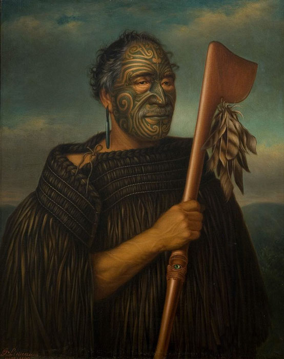 Gemälde des Maori-Häuptlings Tamati Waka Nene, von Gottfried Lindauer, mit Tätowierungen im Gesicht, einer Maori-Tradition der Körpermodifikation