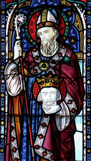 Glasmalerei mit der Darstellung des Heiligen Cuthbert von Lindisfarne