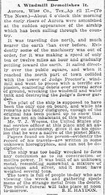 S. E. Haydon, „A Windmill Demolishes It“, The Dallas Morning News, 19. April 1897, S. 5.
