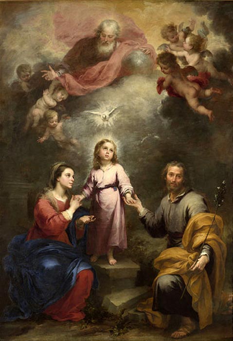 Der Heilige Geist, dargestellt als Taube, die auf die Heilige Familie herabsteigt, mit Gottvater und Engeln oben, von Murillo, (um 1677)