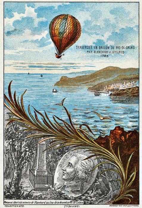 Die Überquerung des Ärmelkanals im Heißluftballon durch Blanchard und Jeffries am 7. Januar 1785.
