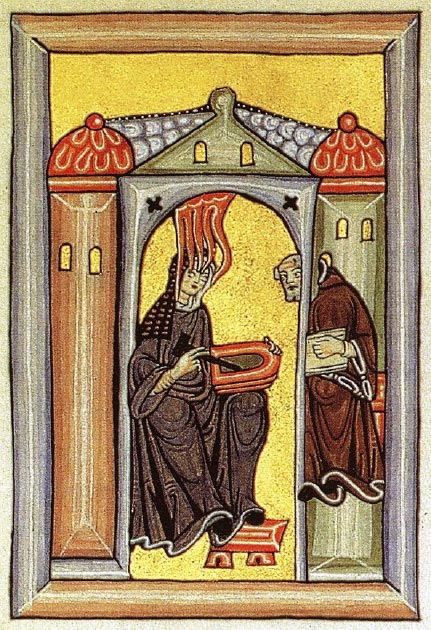 Hildegard erhält Visionen, eine Reproduktion eines Bildes aus der mittelalterlichen Handschrift „Scivias". 