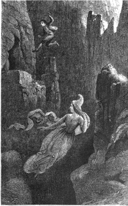 Ein Stich, der einen Mann zeigt, der einer Frau (einer Elfe) in einen Abgrund nachspringt. Es handelt sich um eine Illustration zur isländischen Legende von Hildur, der Königin der Elfen