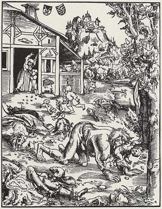 Holzschnitt von Lucas Cranach dem Älteren, 1512, der einen Werwolf zeigt, der eine Stadt verwüstet und Säuglinge entführt. 