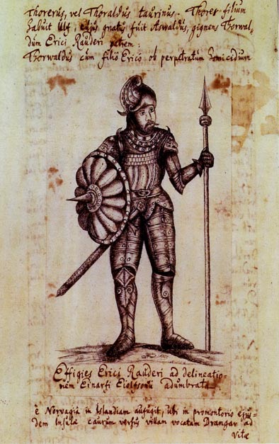 Ein Holzschnitt von Erik dem Roten aus einem Buch von 1688