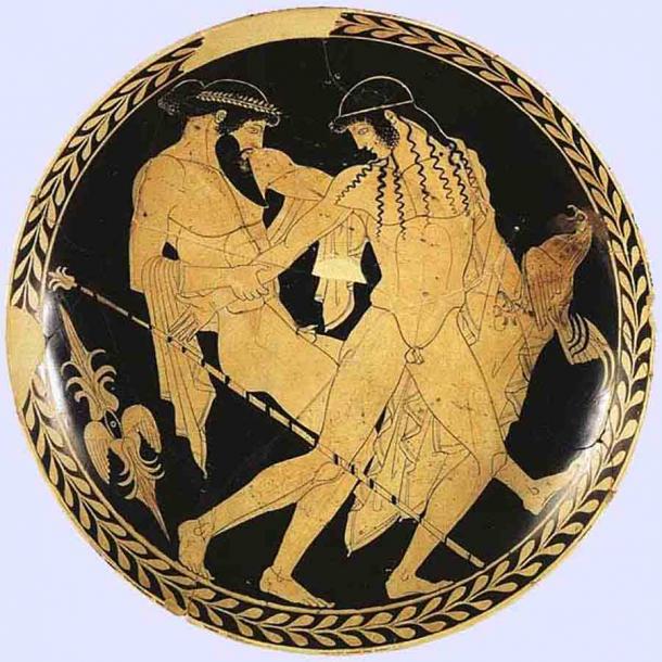 Homosexualität wurde in der antiken griechischen Töpferei dargestellt. Dieses Beispiel stellt die Geschichte von Zeus und Ganymed dar.