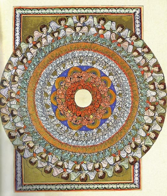 Illumination der Scivias, der fehlenden mittelalterlichen Handschrift, zeigt engelhafte Hierarchien. 