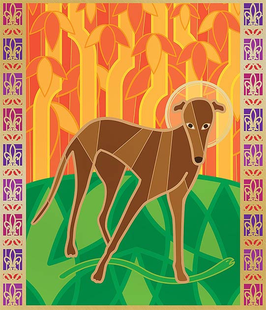 Illustration des Heiligen Guinefort, eines Windhundes, der im 13. Jahrhundert heiliggesprochen wurde, nachdem er ein Kleinkind vor einer Schlange gerettet hatte.