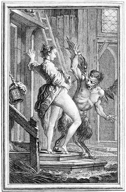 Eine Illustration von Charles Eisen aus La Fontaines Nouveaux Contes (1764) aus dem 18. Jahrhundert zeigt einen Dämon, der vom Anblick einer Frau, die ihren Rock hebt, um ihre Genitalien zu zeigen, abgestoßen wird