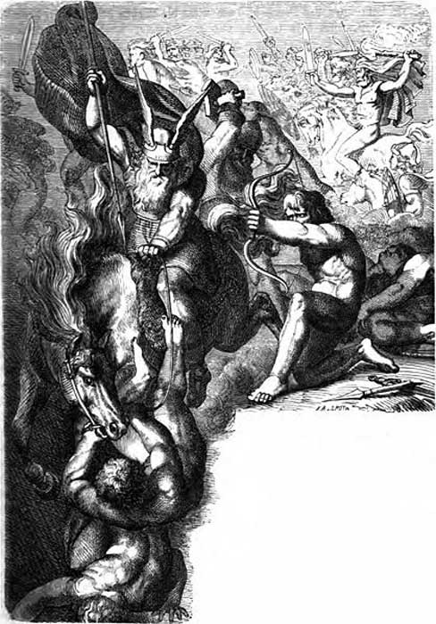 Illustration von Carl Ehrenberg aus dem Jahr 1882, die den Kampf der Æsir gegen die Vanir während des Æsir-Vanir-Krieges zeigt.
