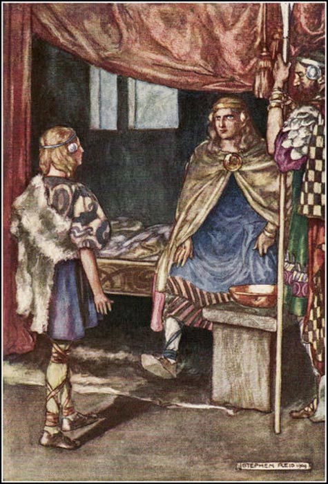 „Cuchulain Desires Arms of the King“, Illustration von Stephen Reid in Eleanor Hulls The Boys' Cuchulain, 1904.