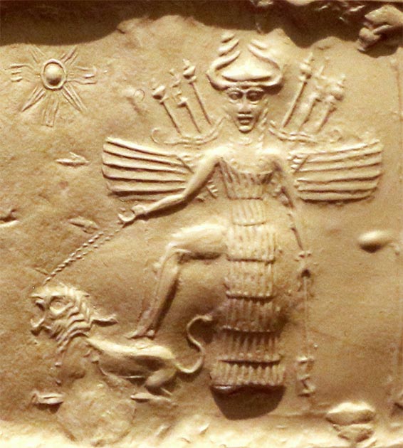 Ischtar als Göttin des Krieges, die den deutschen Tempelrittern erschien. Sie ist mit Waffen im Rücken ausgestattet, hat Hörner und bezwingt einen Löwen. Gefunden auf einem akkadischen Siegel, 2350-2150 v. Chr.