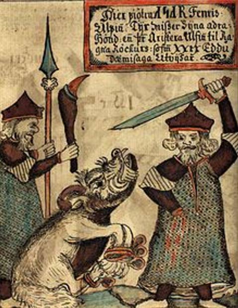 Fenrir beißt dem schwertschwingenden Týr die Hand ab, wie auf dieser Illustration in einem isländischen Manuskript aus dem 18. Jahrhundert zu sehen ist.  