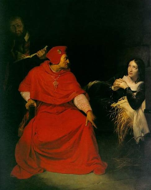 Jeanne d'Arc wird vom Kardinal von Winchester in ihrem Gefängnis verhört (1824) von Paul Delaroche.