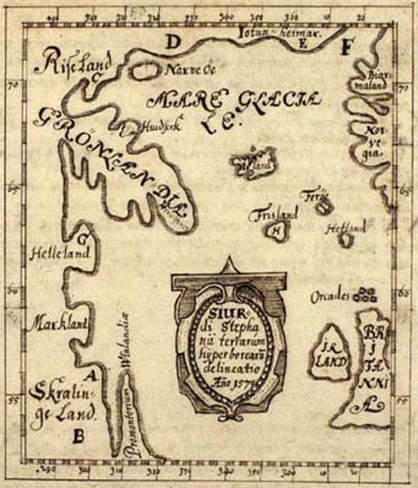 Eine Karte, die 1570 von einem isländischen Lehrer angefertigt wurde und Grönland und Markland an der kanadischen Küste zeigt. 