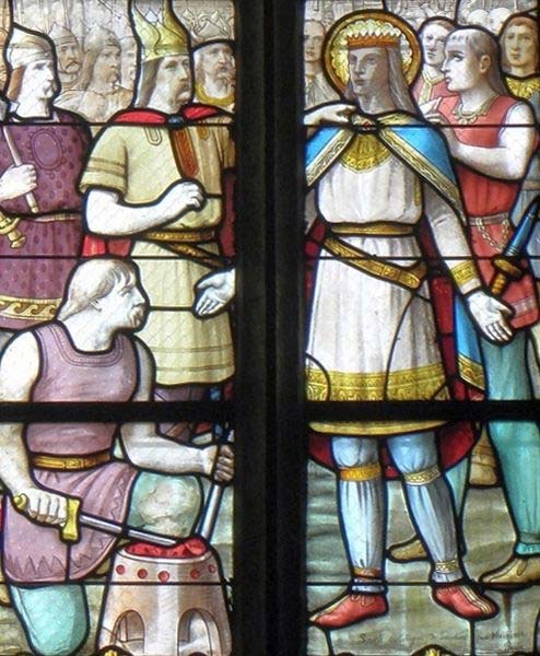 Der bretonische König Salomon (rechts) mit Männern, die wie Normannen scheinen. Der normannische Anführer (links) könnte Hasting (Hastein) sein.