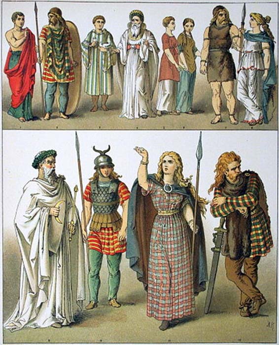 Antike Kostüme aller Nationen - britisch, gallisch und germanisch von Albert Kretschmer, Maler und Kostümbildner am Royal Court Theatre, 1882.