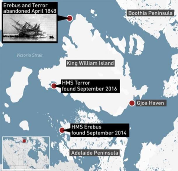 Lage der Wracks der HMS Erebus und der HMS Terror