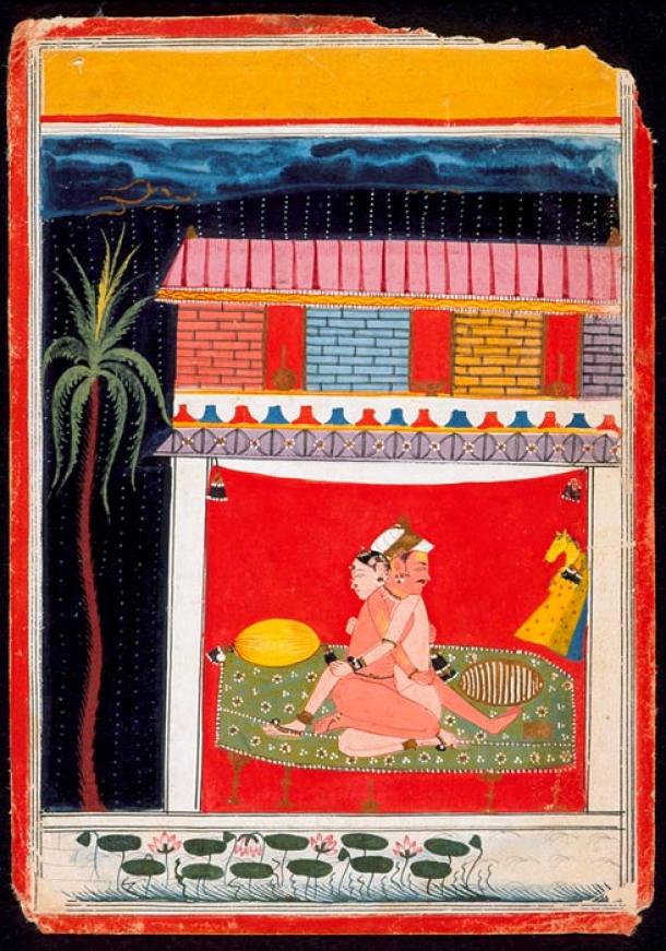 Liebespaar in Umarmung, Folio aus Indien, Madhya Pradesh, Malwa, um 1660