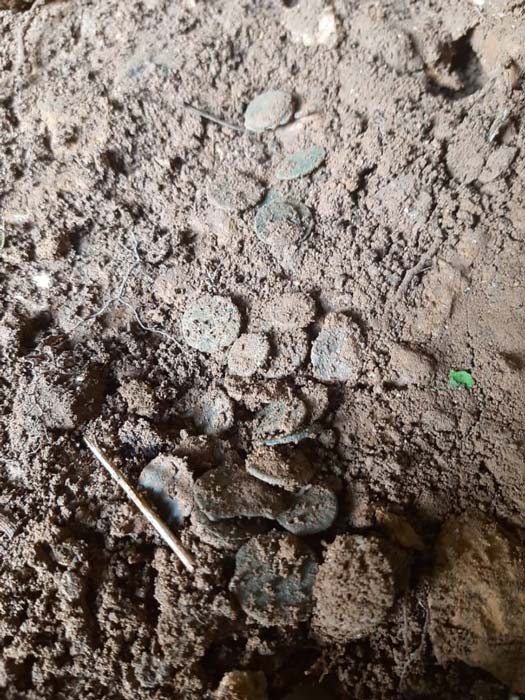 Der römische Münzschatz vor der Ausgrabung und dem Abtransport aus der Höhle von Asturien. 