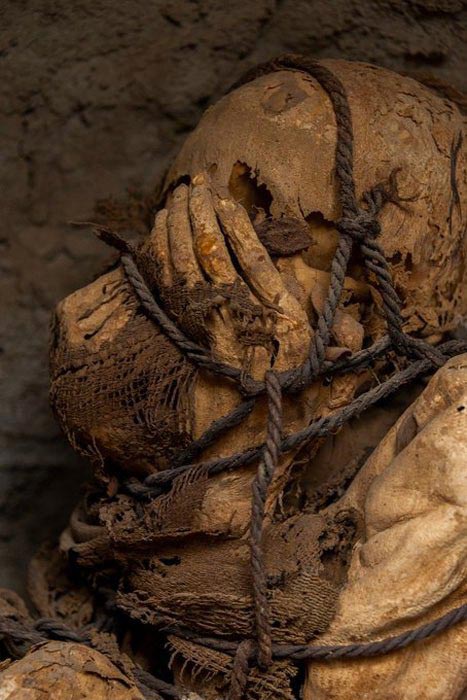 Eine Nahaufnahme der mit einem Seil gefesselten Erwachsenenmumie, die zusammen mit den sechs geopferten Kindermumien in der archäologischen Stätte Cajamarquilla unweit von Lima, Peru, gefunden wurde.