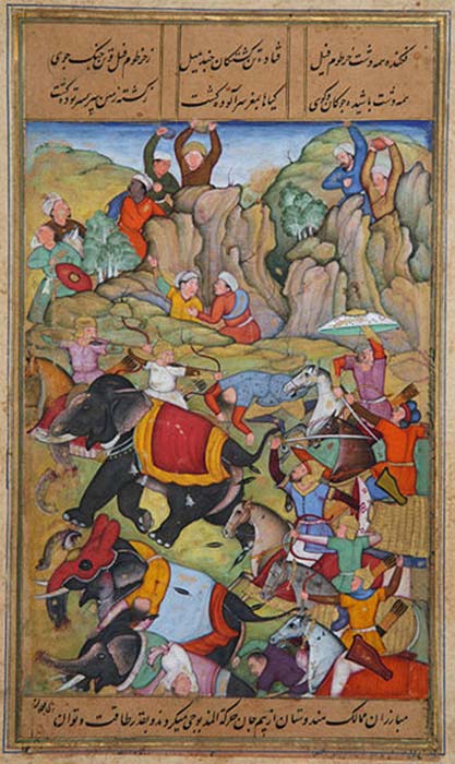 Die Niederlage des Sultans von Delhi durch Timur, Nasir Al-Din Mahmud Tughlaq, im Winter 1397–1398