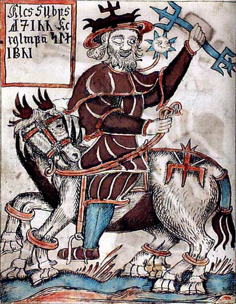 Eine Illustration von Odin auf Sleipnir, dem achtbeinigen Pferd, aus einem isländischen Manuskript aus dem 18. Jahrhundert