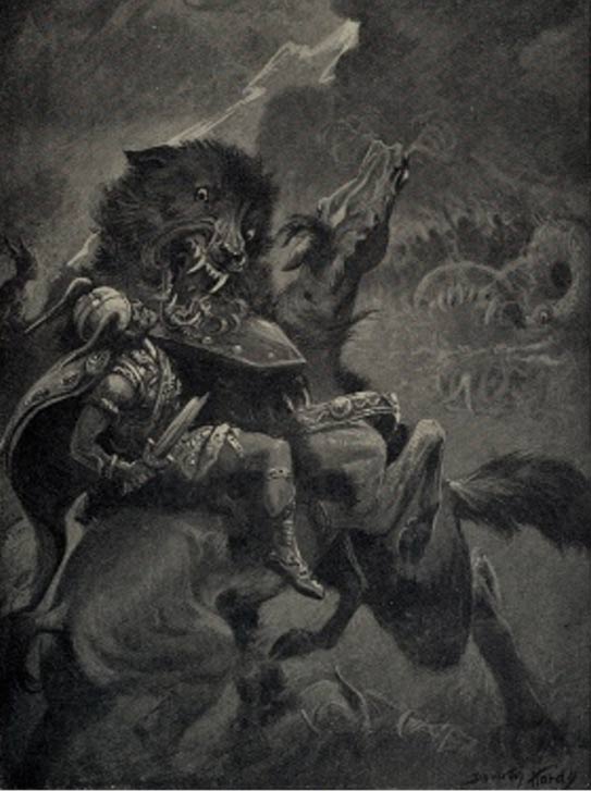 Odin und Fenris, aus „Mythen der Nordmänner aus den Eddas und Sagas“, 1909