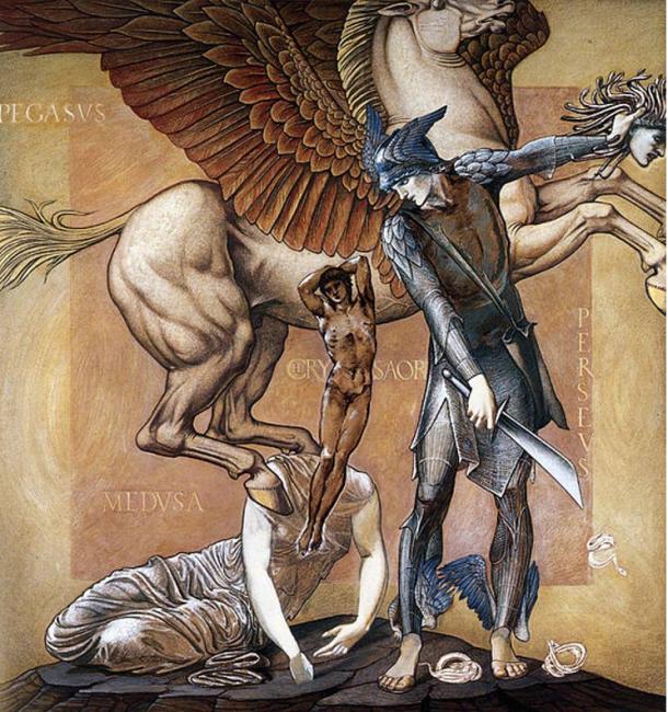 Pegasus entsteigt dem Körper der Medusa. „Die Perseus-Serie: Der Tod der Medusa I“ von Edward Burne-Jones. 